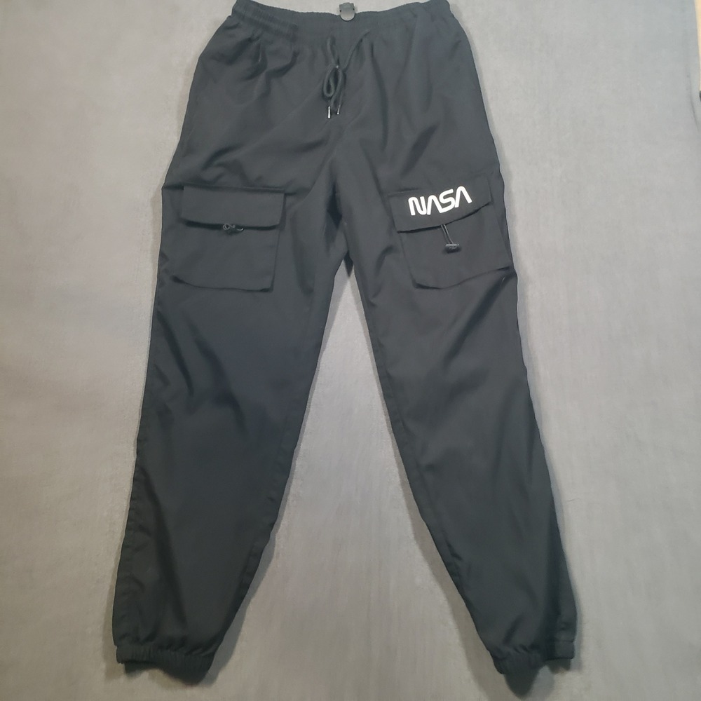 SHEIN Cargo Joggers Mens Large Black NASA Logo Drawstring‎ Track Pants